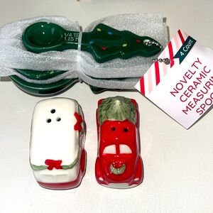 NWT- red truck and RV CERAMIC Salt and pepper shaker set w/ measuring spoons